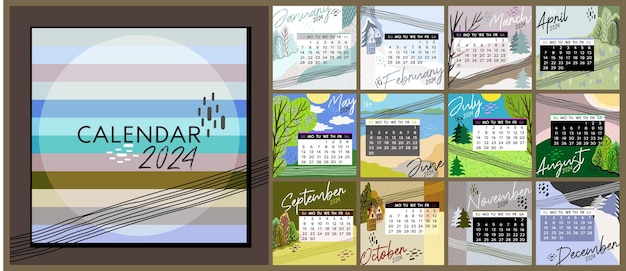 Calendar 2024 Colorful monthly calendar with various landscapes Cover and 12 monthly pages Week s