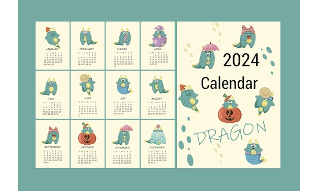 Calendar for 2024 cute green dragon Vector illustration