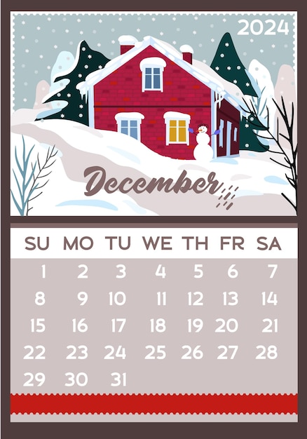 Calendar 2024. December. A4, A3 formats. Winter landscape with a house of red brick and fir trees.