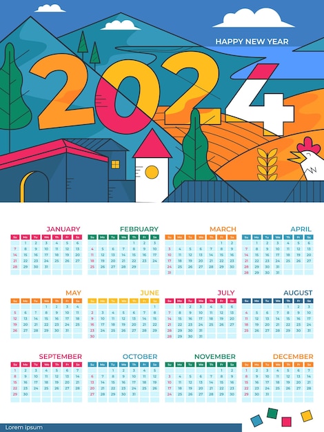 Vettore design del calendario 2024 con illustrazione moderna