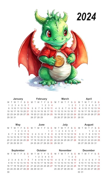 Calendar 2024 dragon watercolor chinese template