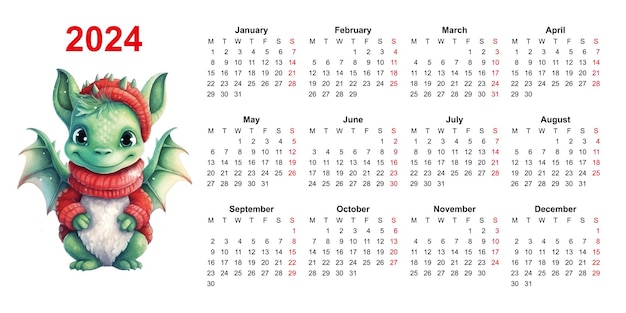 Vector calendar 2024 dragon watercolor chinese template