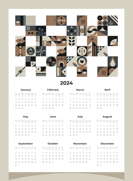 Vector calendar 2024 geometric patterns calendar template for 2024 year with geometric shapes