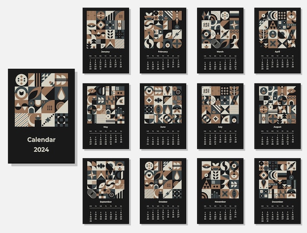 Calendar 2024 geometric patterns Monthly calendar template for 2024 year with geometric shapes