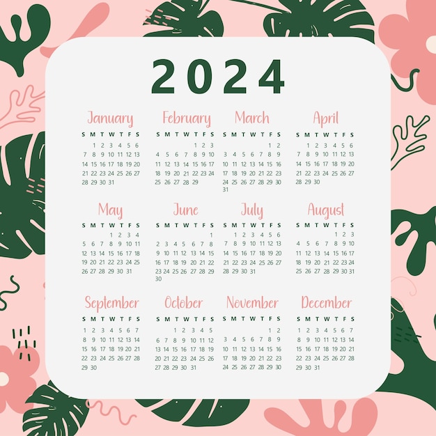 Vettore calendario per il 2024 in stile disegnato a mano