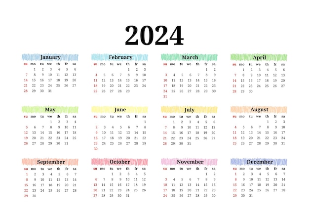 Vettore calendario per il 2024 isolato su sfondo bianco modello aziendale da domenica a lunedì illustrazione vettoriale