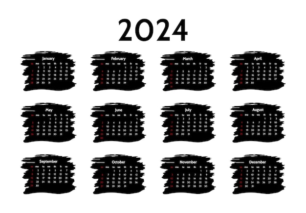 흰색 배경에 격리된 2024년 달력 일요일부터 월요일 비즈니스 템플릿 벡터 그림