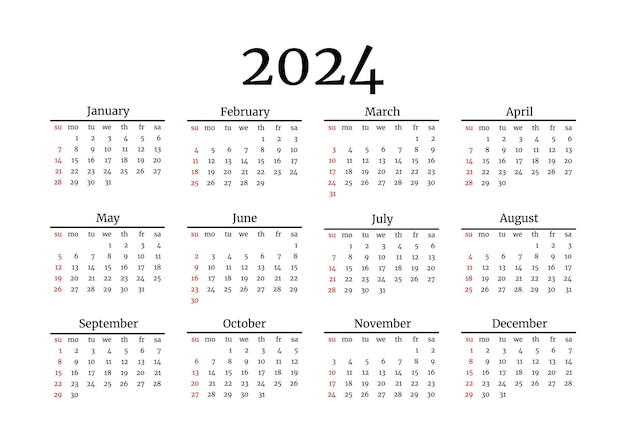 2024年 カレンダー 白い背景に隔離 日曜日から月曜日 ビジネス テンプレート ベクトルイラスト