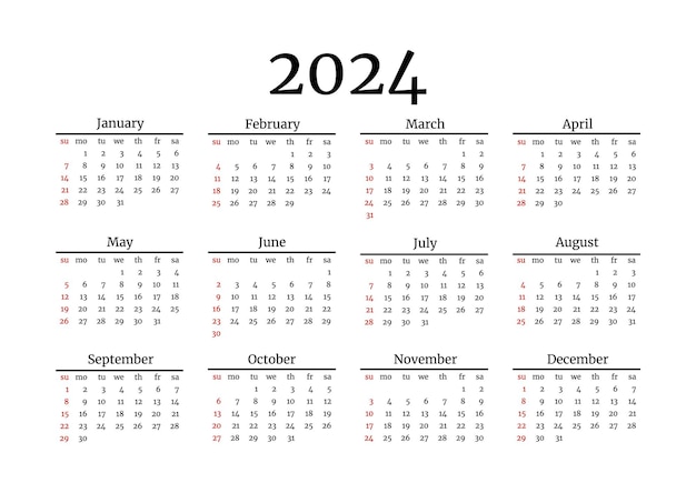 Calendar for 2024 isolated on a white background Sunday to Monday business template Vector illustration