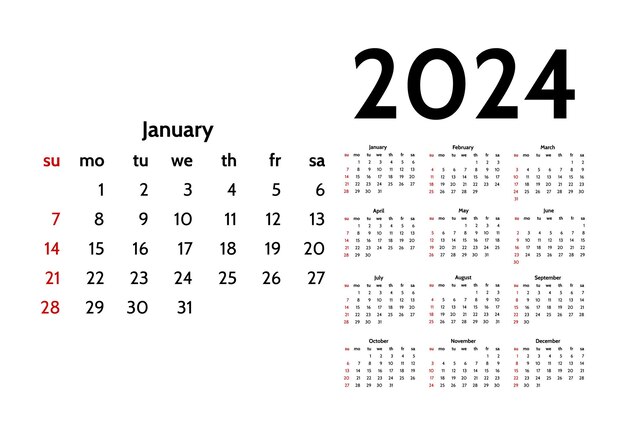 Календарь на 2024 год изолирован на белом фоне с воскресенья по понедельник бизнес-шаблон Векторная иллюстрация