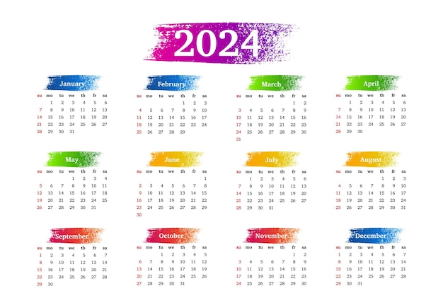 Calendario per il 2024 isolato su uno sfondo bianco da domenica a lunedì modello aziendale illustrazione vettoriale