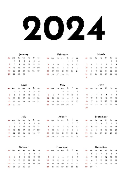 Vettore calendario per il 2024 isolato su uno sfondo bianco