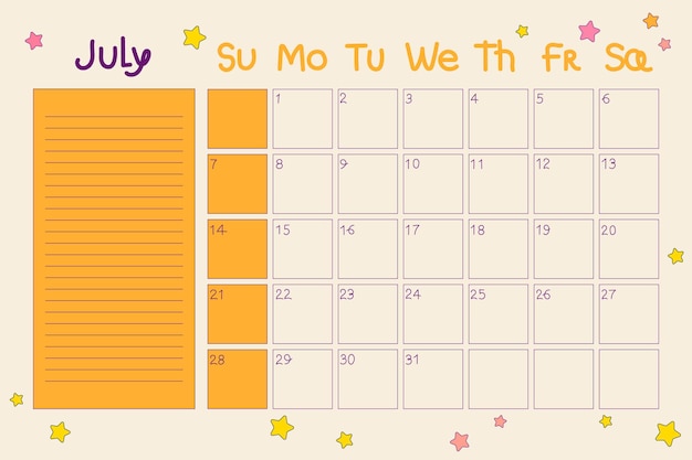 Вектор Календарь на июль 2024 года ретро летний планировщик с датами и заметками в стиле хиппи