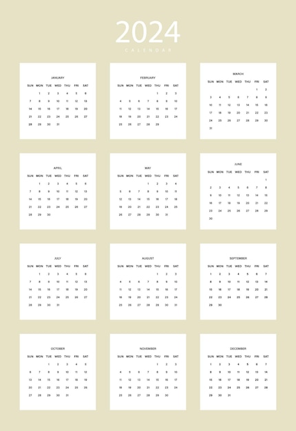 Vettore calendario 2024 in stile minimalista su bianco la settimana inizia con l'illustrazione vettoriale della domenica