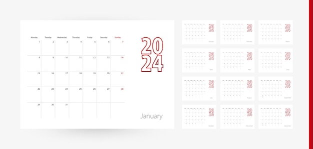 Vector calendar 2024 in modern design planner template