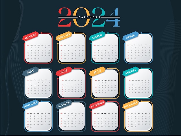 Calendario 2024 modello mensile capodanno pulito annuale illustrazione vettoriale isolata