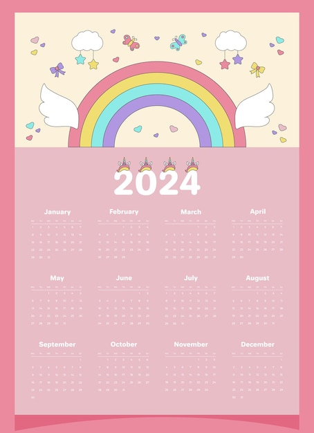 Calendar 2024 pink for a child with elements of unicorn rainbow wings clouds butterflies bows hearts