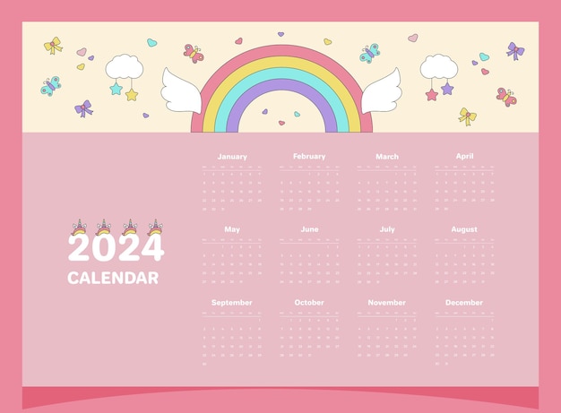 Calendar 2024 pink for a child with elements of unicorn rainbow wings clouds butterflies bows hearts