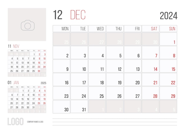 Calendar 2024 planner corporate template design december month