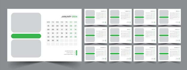 Calendario 2024 pianificatore modello aziendale set di design la settimana inizia il modello di lunedì per il cale annuale