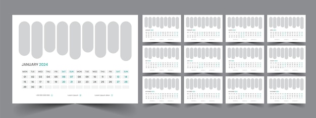 Vettore calendario 2024 pianificatore modello aziendale set di design la settimana inizia il modello di lunedì per il cale annuale