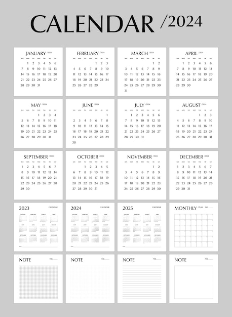 Vector calendar 2024 planner and note minimal design week start sunday template