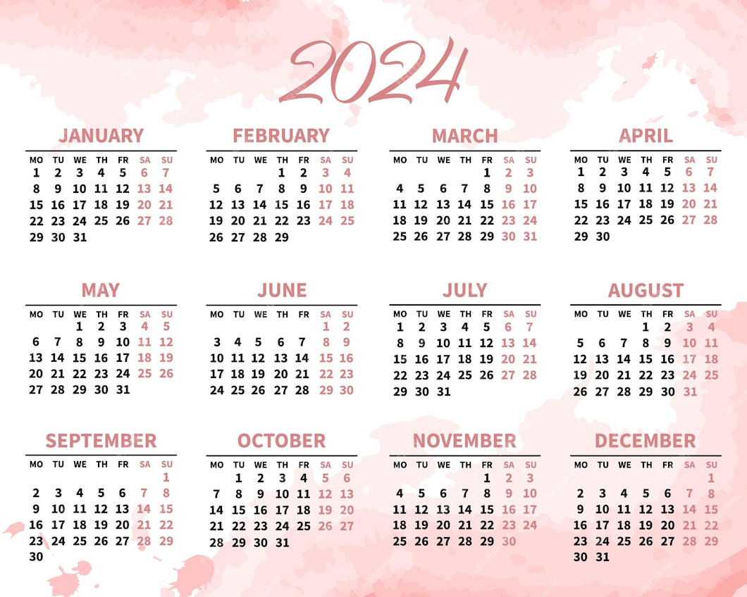 Premium Vector Calendar for 2024 on a soft pink watercolor background