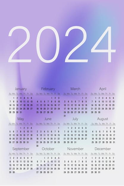 Calendar 2024 template design on abstract background light violet gradient color shape on white