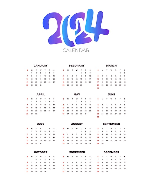 Vettore calendario 2024 modello vettoriale semplice design minimale pianificatore 2024 anni calendario da parete 2024 anni