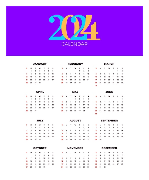 Calendario 2024 modello vettoriale semplice design minimale pianificatore 2024 anni calendario da parete 2024 anni