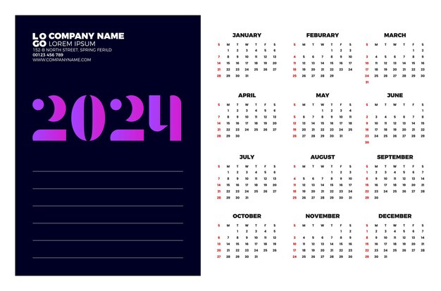 Calendar 2024 template vector simple minimal design Planner 2024 year Wall calendar 2024 year