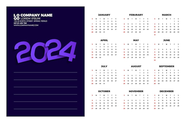 Calendar 2024 template vector simple minimal design Planner 2024 year Wall calendar 2024 year