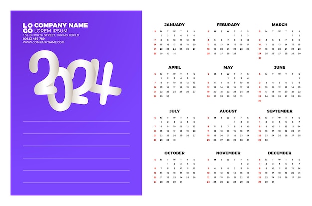 Vector calendar 2024 template vector simple minimal design planner 2024 year wall calendar 2024 year