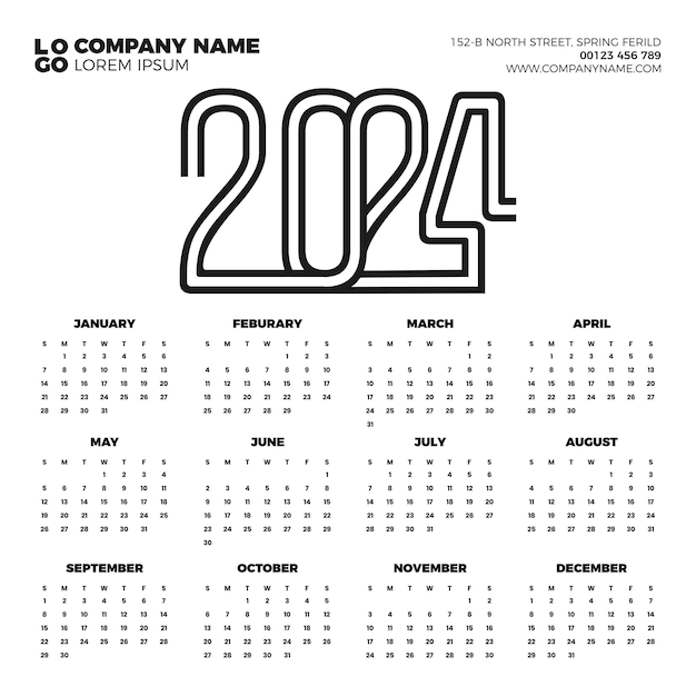 Calendar 2024 template vector simple minimal design Planner 2024 year Wall calendar 2024 year