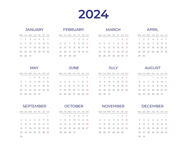 Calendar 2024 template Week starts from Monday Planner stationery printing Vector illustration