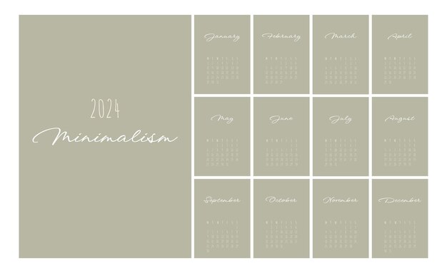 Vettore calendario 2024 stile minimalista alla moda set di 12 pagine calendario da tavolo 2024 pianificatore calendario minimo