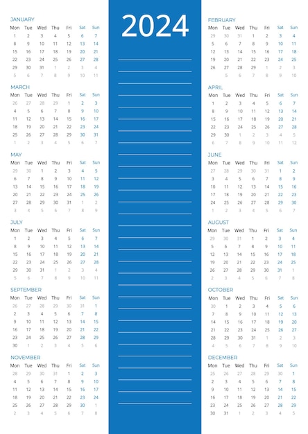 calendar for 2024 Vertical Blue Calendar 2024 week starting Monday Vector 2024 Calendar template