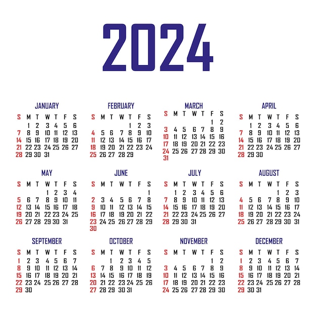 Calendario 2024 la settimana inizia la domenica modello di calendario semplice ritratto di orientamento verticale organizzatore annuale di articoli di cancelleria illustrazione vettoriale