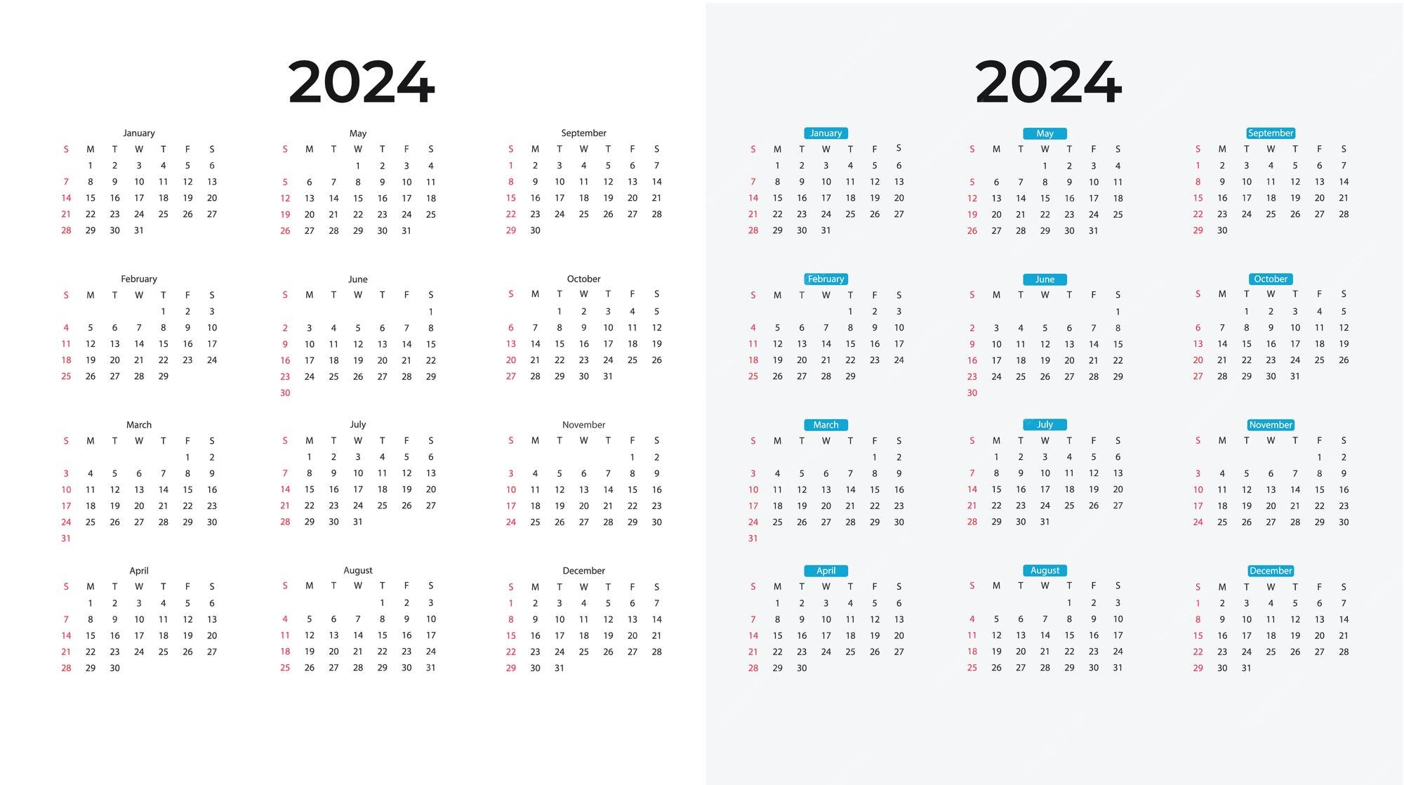 Premium Vector Calendar 2024 week start sunday corporate design