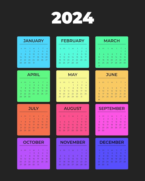 Calendar 2024 week starts from Sunday on black background black text on colored strips template