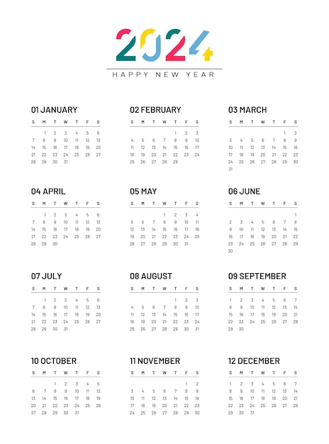 Calendar 2024 week starts on Sunday on white background template vector