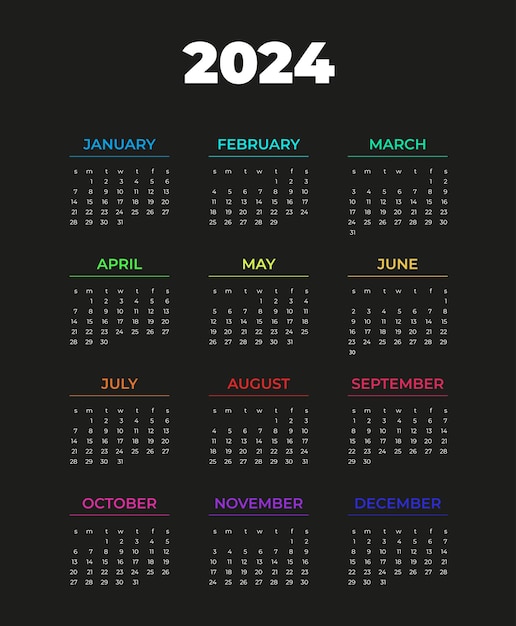 Calendar 2024 week starts on Sunday white text on black background color writing month template