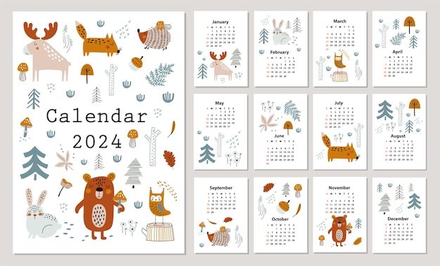 Vettore calendario 2024 con animali illustrazione vettoriale disegnata a mano