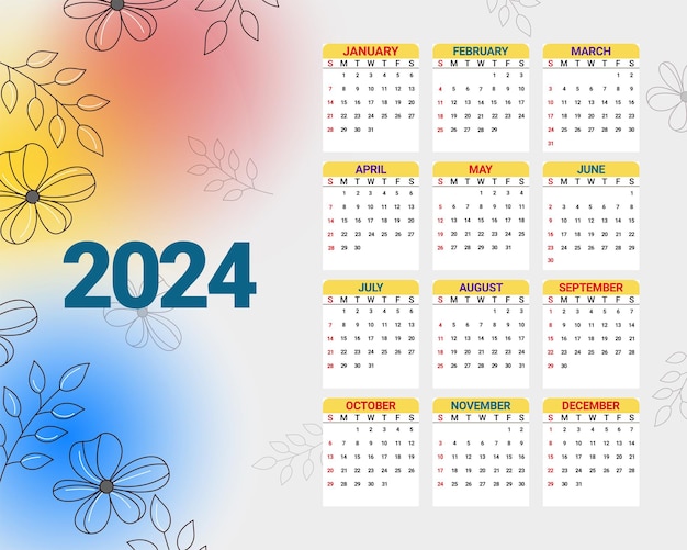 Vettore calendario del 2024 con sfondo floreale