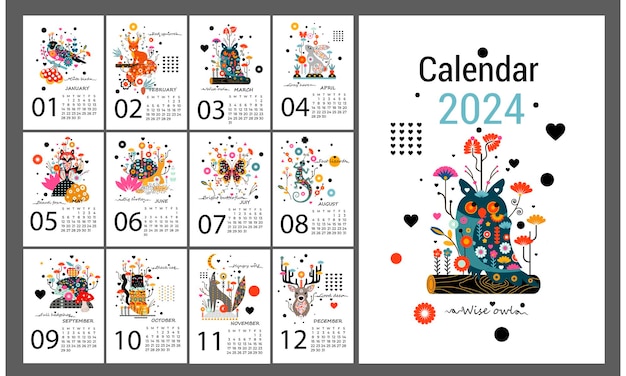 Calendario per il 2024 con immagini di animali arte popolare calendario mensile grafica vettoriale