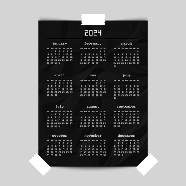 Vettore calendario per l'anno 2024 su mockup di poster di carta stropicciata nera