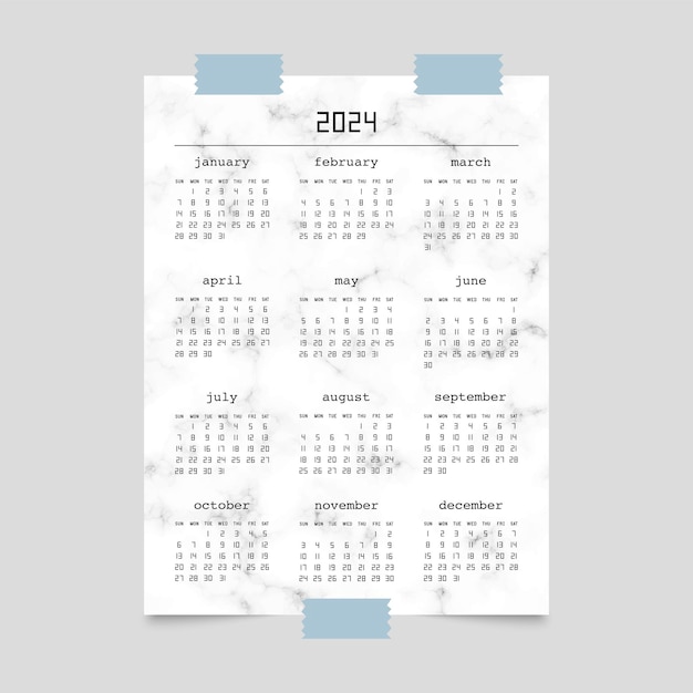 Calendar for 2024 year on poster mockup with marble pattern