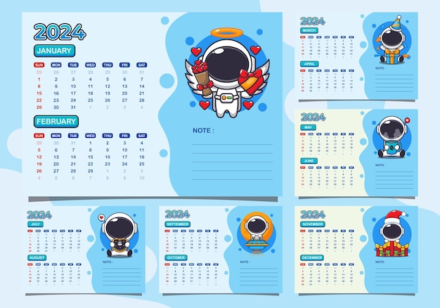 calendar 2024 year with cute astronaut character