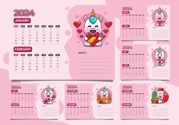 calendar 2024 year with cute unicorn character