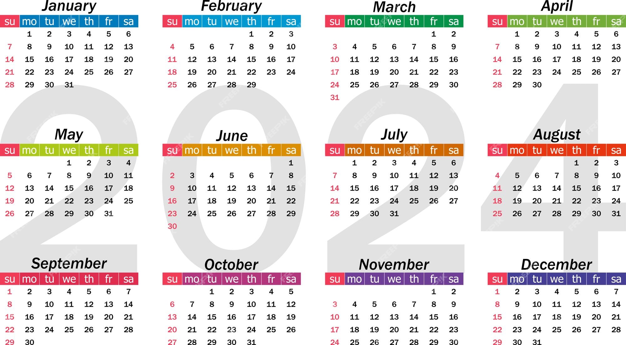 Premium Vector Calendar 2024 yearly. week starts on sunday with black